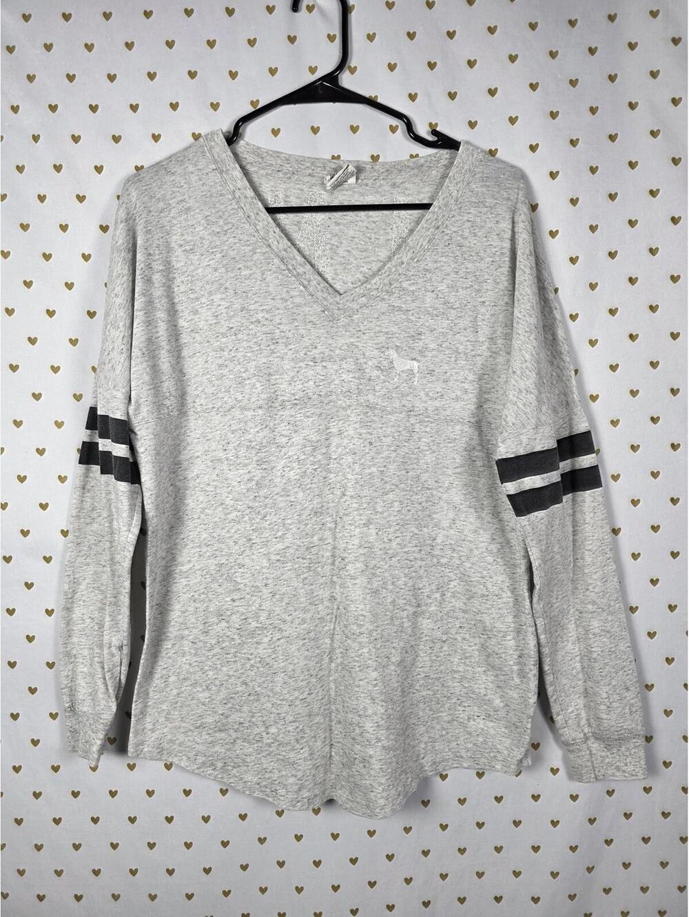 Victorias Secret PINK Campus Long Sleeve Grey BLING SEQUINED Tee V Neck Shirt SM - Picture 2 of 6